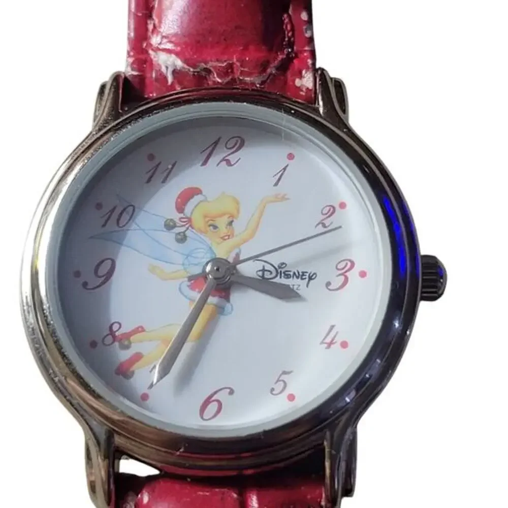 DISNEY World Children's Watch Tinker Bell Round Face Red Silver Color Band Works
